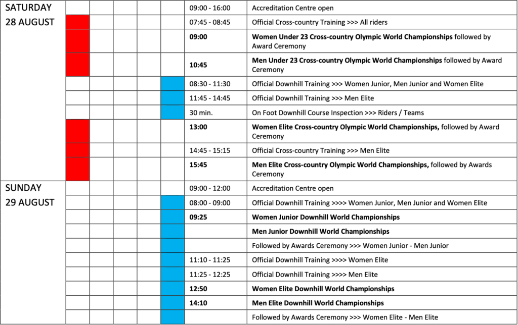 2021 UCI World MTB Championships - Full Schedule