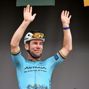 Mark Cavendish greets the crowds ahead of stage 16 of the 2024 Tour de France